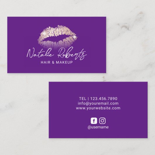 バラ金ゴールドリップメイクアップアーティストパープル美しいサロン 名刺 (正面/裏面)