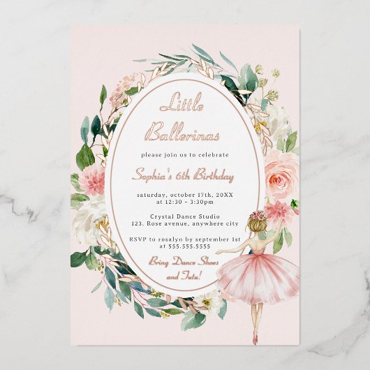 バラ金ゴールドリトルバレリーナフローラ子供の誕生日 箔招待状 (正面)
