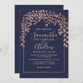 バラ金ゴールドリーフネービーブルータイポグラフィ結婚ズ 招待状 (正面/裏面)