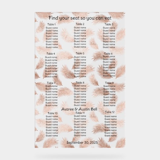 バラ金ゴールドリーフ結婚パターンの座席表 アクリルサイン (正面)