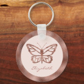 バラ金ゴールドルックライク蝶オン赤面ピンク&名前 キーホルダー (正面)