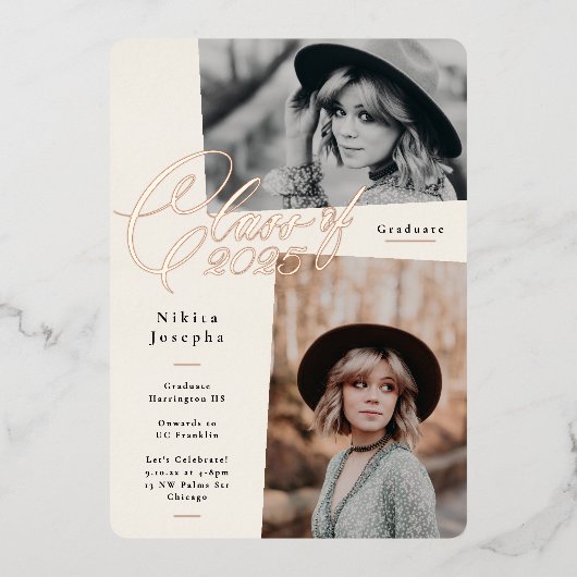 バラ金ゴールドレタリングクラス2025写真卒業 箔招待状 (正面)