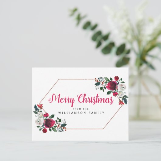 バラ金ゴールドレッドフローラパーソナライズされたメリークリスマス シーズンポストカード (スタンド正面)