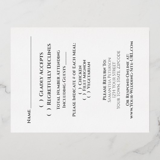 バラ金ゴールドレース&ネイビーオンホワイトウェディングRSVP 箔招待状ポストカード (裏面)