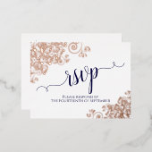 バラ金ゴールドレース&ネイビーオンホワイトウェディングRSVP 箔招待状ポストカード (正面/裏面)