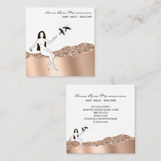 *~バラ金ゴールドロングヘア女神美しいシック スクエア名刺 (正面/裏面)