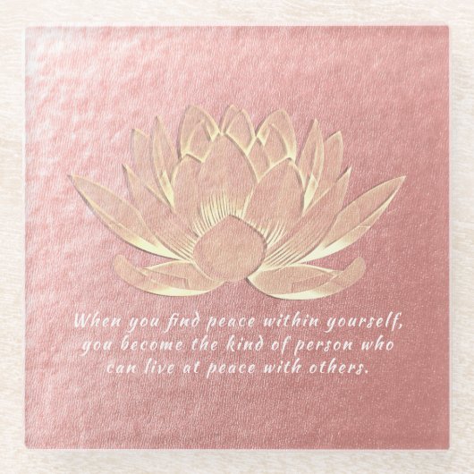 バラ金ゴールドロータスヨガ瞑想インストラクター引用文 ガラスコースター (正面)
