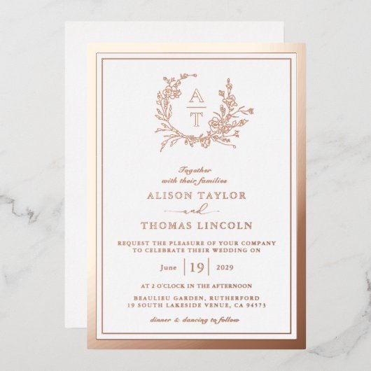 バラ金ゴールドワイルドフラワークレストモノグラ結婚ム実在ズ 箔招待状 (正面/裏面)