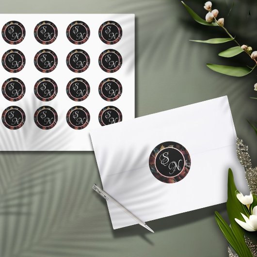 バラ金ゴールドワイルドフラワーブーケモノグラムシール ラウンドシール