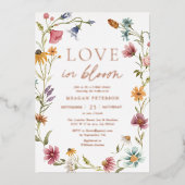 バラ金ゴールドワイルドフラワーラブイン開花ブライダルシャワー 箔招待状 (正面)