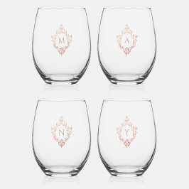 バラ金ゴールドヴィンテージクリスト4ピンクモノグラムイニシャル ステムなしワイングラス
