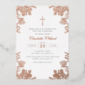 バラ金ゴールドヴィンテージクロスガールズファースト聖餐式 箔招待状 (正面)