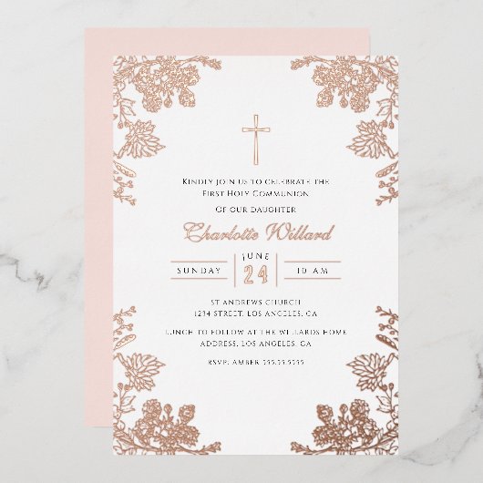 バラ金ゴールドヴィンテージクロスガールズファースト聖餐式 箔招待状 (正面/裏面)