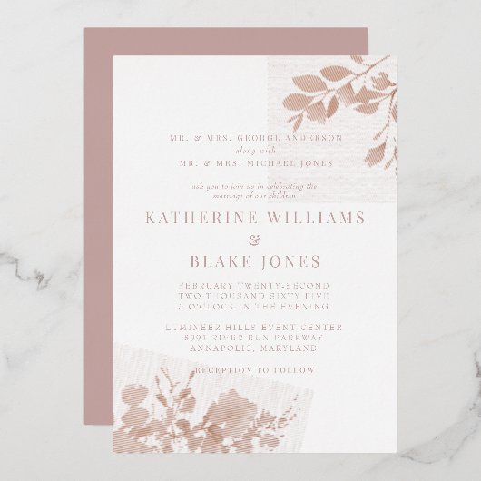 バラ金ゴールド両親埃バラ結婚 箔招待状 (正面/裏面)