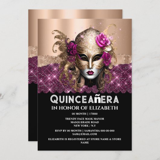 バラ金ゴールド仮装キンセアニラ誕生日マスク3D 招待状 (正面/裏面)
