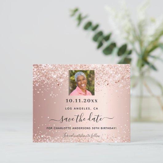 バラ金ゴールド写真の誕生日を保存する日付カード (スタンド正面)