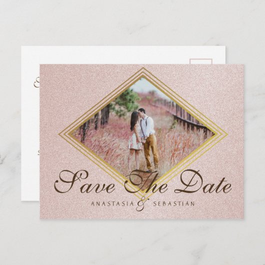 バラ金ゴールド写真ウェディング日付の保存 案内ポストカード (正面/裏面)