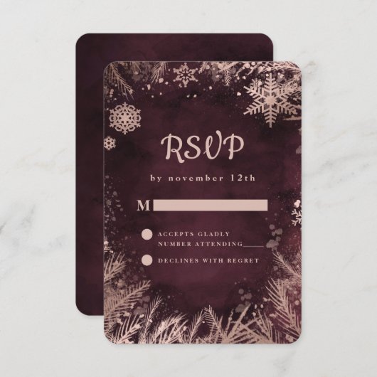バラ金ゴールド冬の雪の結晶とバーグンディ結婚 出欠カード (正面/裏面)