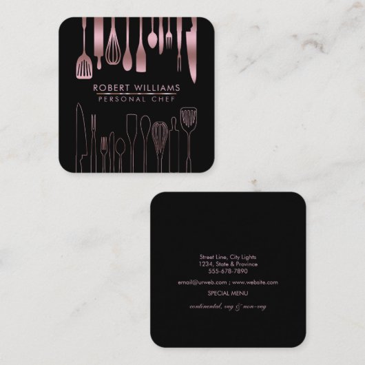 バラ金ゴールド厨房用具類フェイクケータリング スクエア名刺 (正面/裏面)