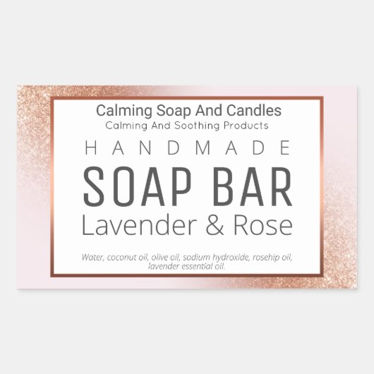 バラ金ゴールド及びピンクの手作り石鹸ラベル 長方形シール (正面)