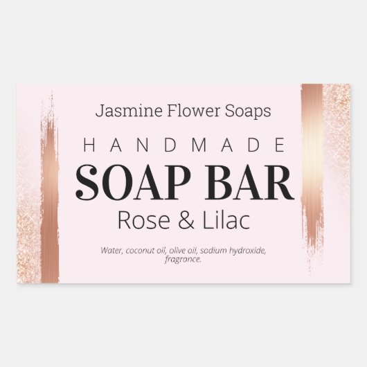 バラ金ゴールド及びピンクの手作り石鹸ラベル 長方形シール (正面)