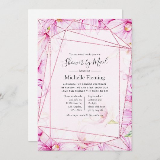 バラ金ゴールド及びピンクベビー又はブライダルシャワー別郵便 招待状 (正面/裏面)