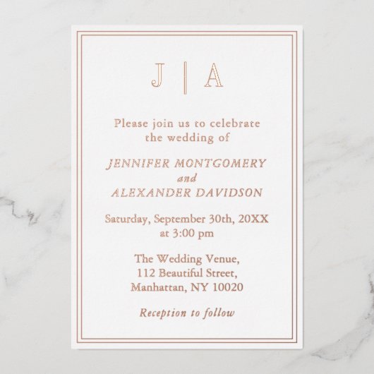 バラ金ゴールド及びホワイトモノグラムモダンシンプル結婚 箔招待状 (正面)