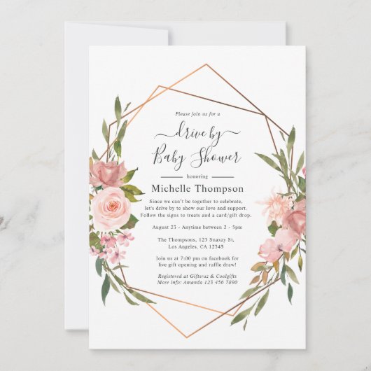 バラ金ゴールド及び赤面ピンクのシャワー駆動 招待状 (正面)