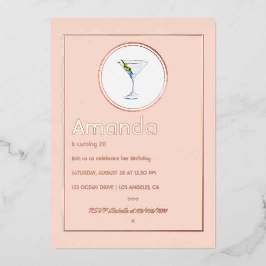 バラ金ゴールド及び赤面ピンク誕生日カクテルパーティー 箔招待状 (正面)