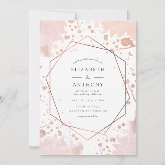 バラ金ゴールド及び赤面幾何学結婚式招待状 招待状 (正面)