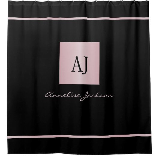 バラ金ゴールド名パーソナライズされたモノグラムブラック シャワーカーテン (正面)