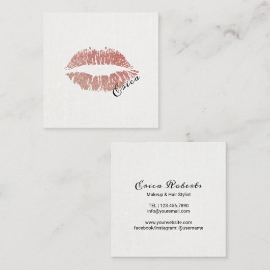 バラ金ゴールド唇メイクアップアーティスト スクエア名刺 (正面/裏面)