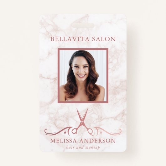 バラ金ゴールド大理石はさみフォト美容師 バッジ (正面)