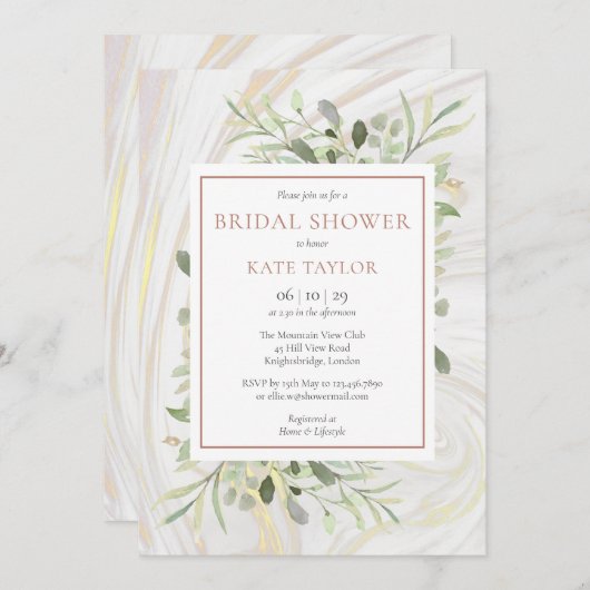 バラ金ゴールド大理石ウォーターカラーグリーナリーブライダルシャワー 招待状 (正面/裏面)