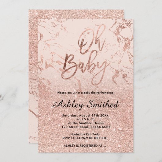 バラ金ゴールド大理石グリッターピンクグラデーションオ赤ちゃんシャワー 招待状 (正面/裏面)