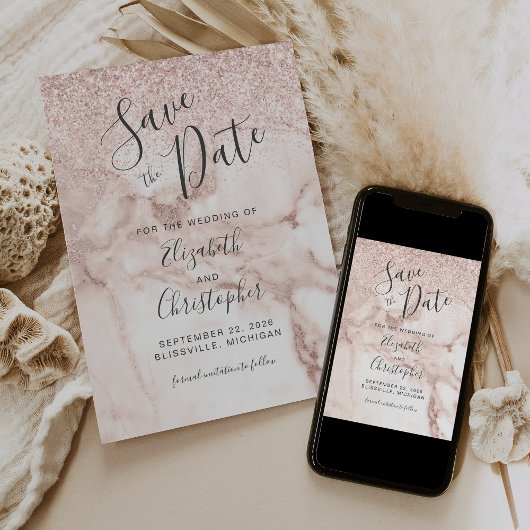 バラ金ゴールド大理石グリッター結婚式日付を保存 招待状