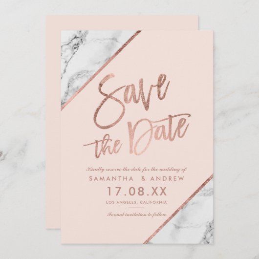 バラ金ゴールド大理石スクリプト赤面ピンク日付を保存 セーブザデート (正面/裏面)