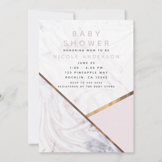 バラ金ゴールド大理石スワール赤面ピンクベビーシャワー 招待状 (正面)