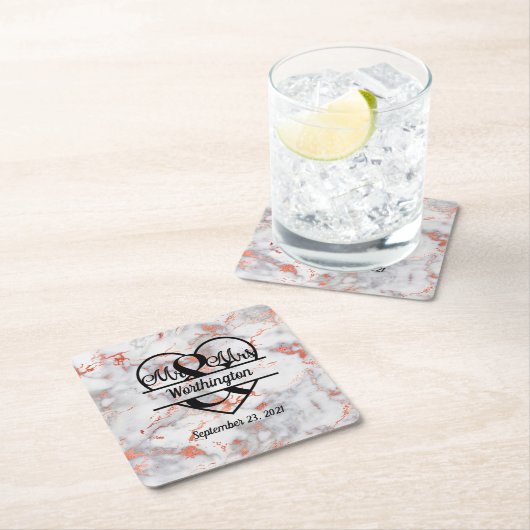 バラ金ゴールド大理石ハート夫妻結婚 スクエアペーパーコースター (インサイチュ)