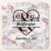 バラ金ゴールド大理石ハート夫妻結婚 スクエアペーパーコースター (正面)