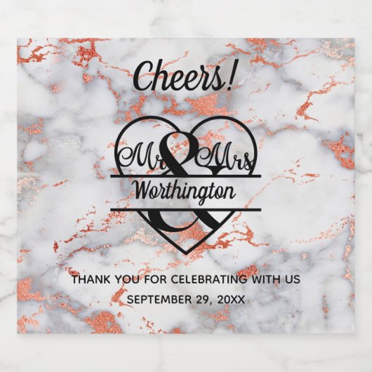 バラ金ゴールド大理石ハート結婚式の引き出物 スパークリングワインラベル (シングルラベル)