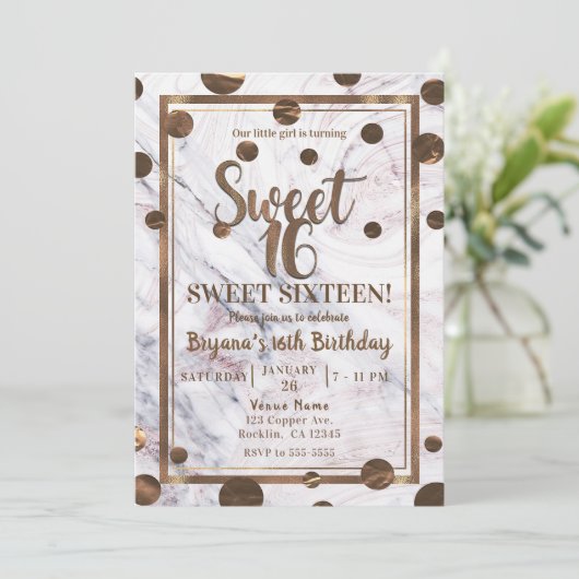 バラ金ゴールド大理石ブロンズカッパースウィート16パーティー 招待状 (スタンド正面)