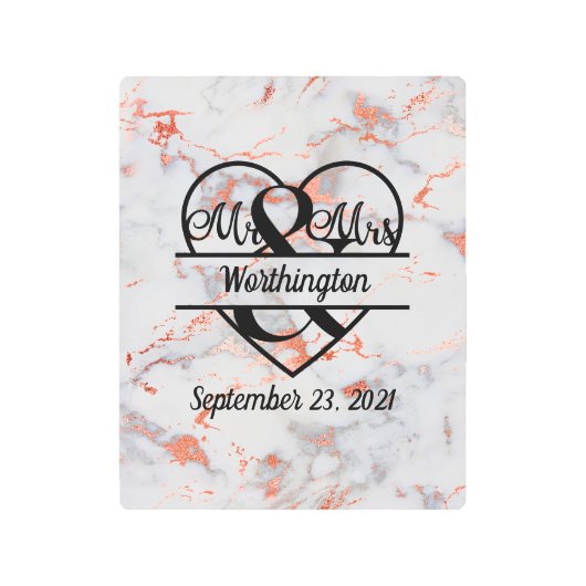 バラ金ゴールド大理石夫妻のハート結婚プレゼント メタルプリント (正面)