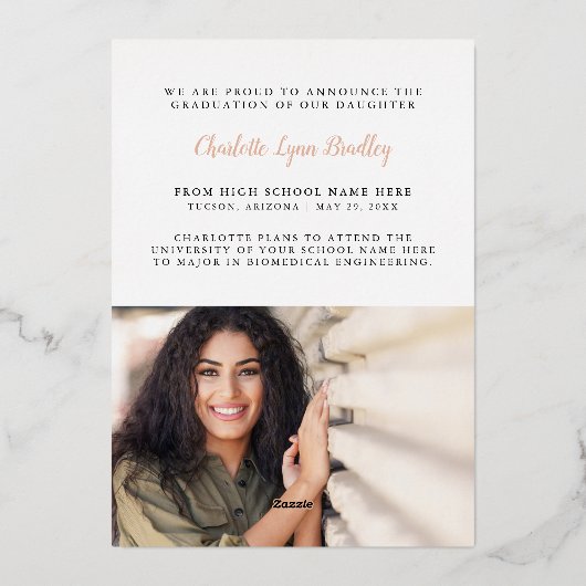 バラ金ゴールド大理石箔卒業発表 箔招待状 (裏面)