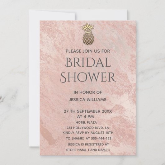バラ金ゴールド大理石金ゴールドパイナップルブライダルシャワー 招待状 (正面)