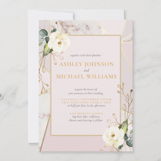 バラ金ゴールド大理石金ゴールド幾何学的ユーカリフローラ 招待状 (正面)