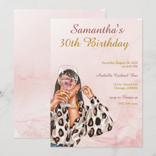 バラ金ゴールド女性誕生日 招待状 (正面/裏面)