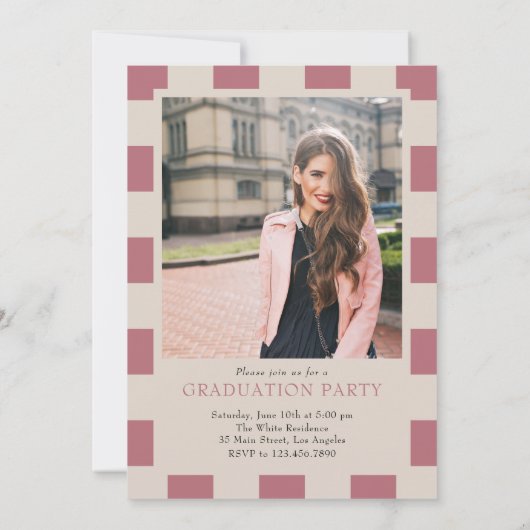 バラ金ゴールド市松模様にレトロアーチ写真卒業 招待状 (裏面)