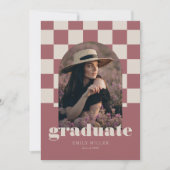 バラ金ゴールド市松模様にレトロアーチ写真卒業 招待状 (正面)