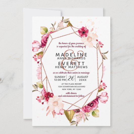 バラ金ゴールド幾何テラリウム結婚式招待状 招待状 (正面)